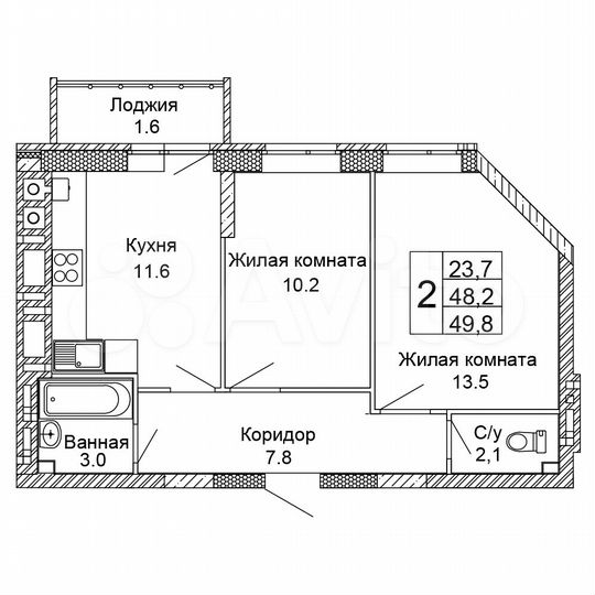 2-к. квартира, 49,8 м², 5/9 эт.