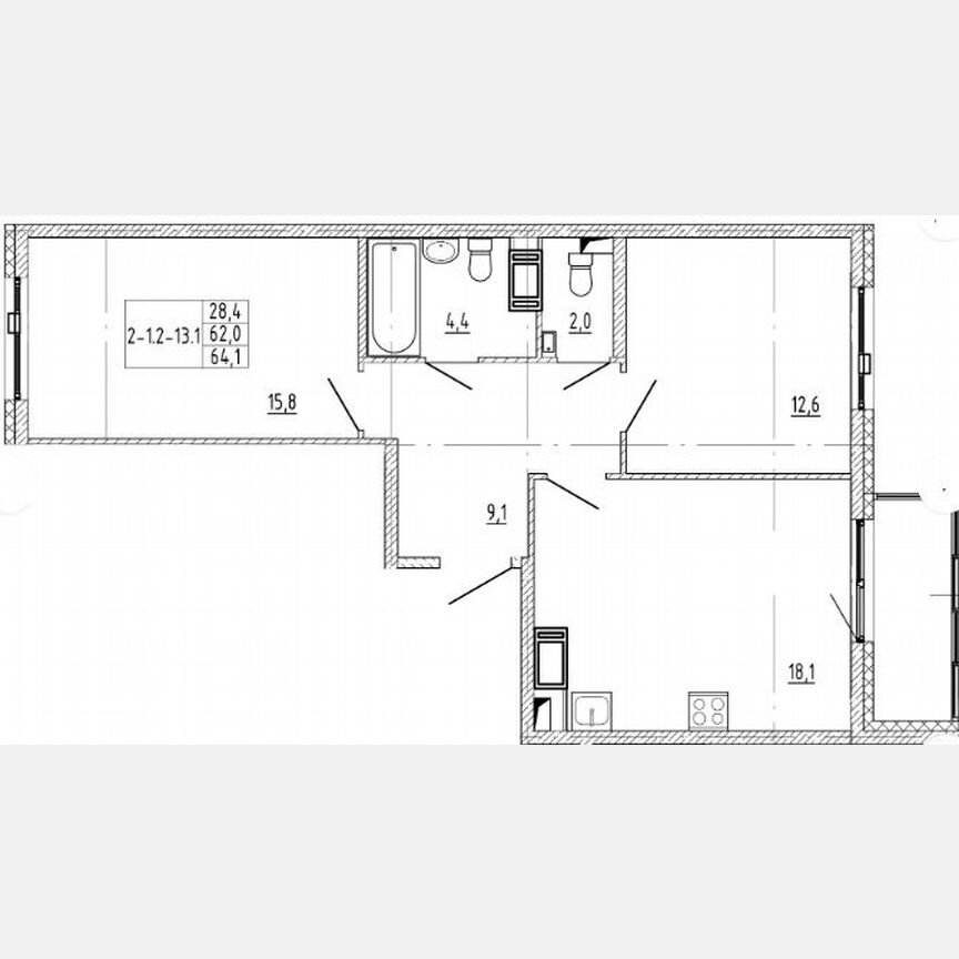 2-к. квартира, 62 м², 5/13 эт.