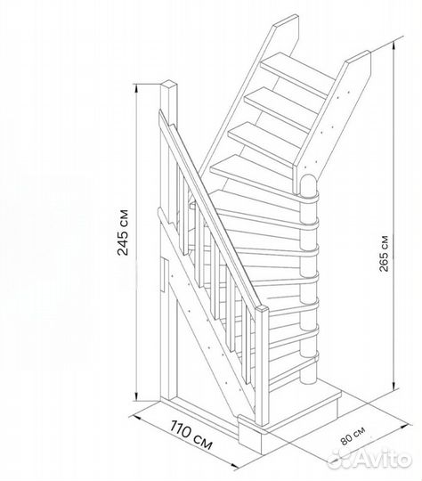 Деревянная Лестница межэтажная поворотная (левая)