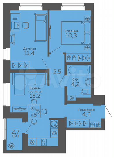 2-к. квартира, 49,3 м², 7/18 эт.