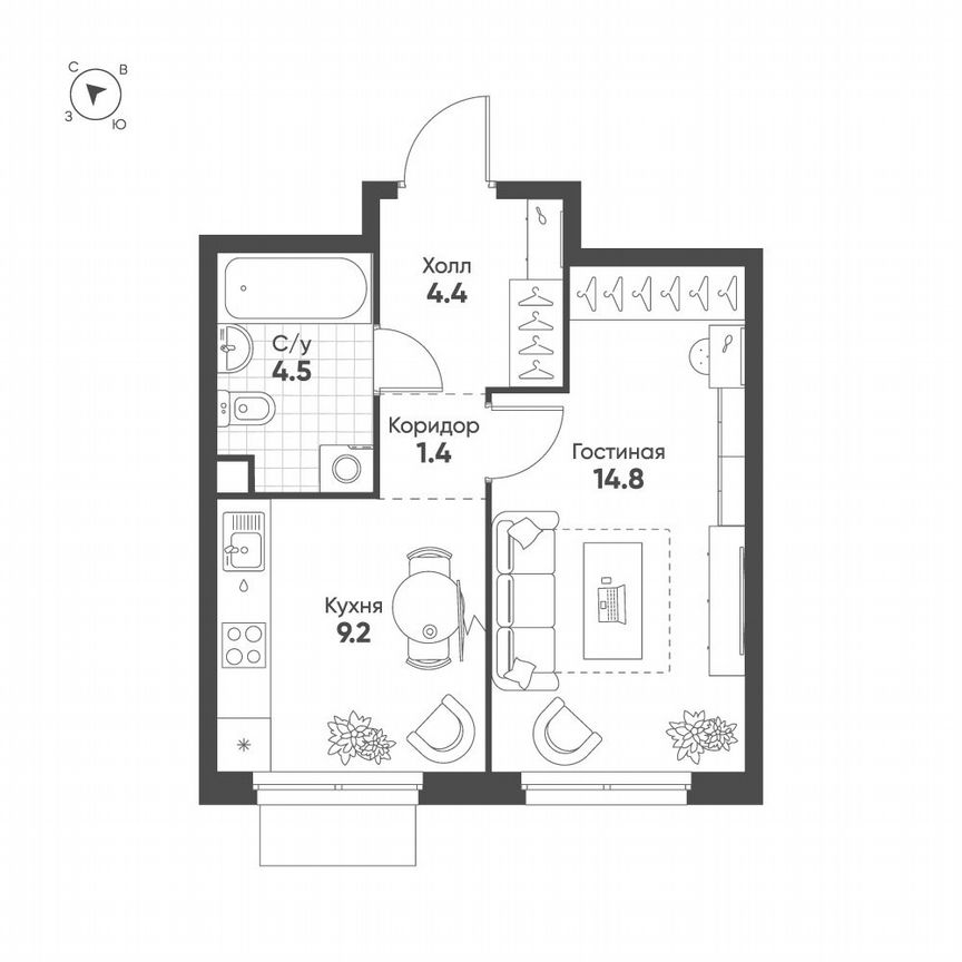 1-к. квартира, 34,3 м², 2/5 эт.