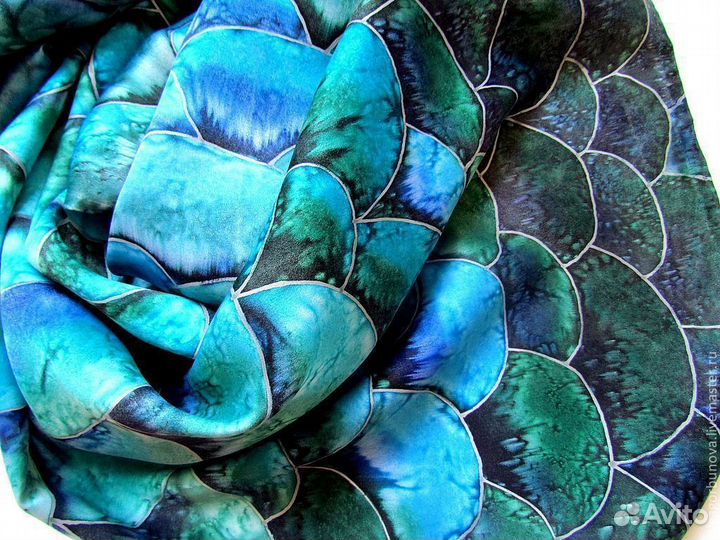 Шелковый шарф с ручной росписью батик бирюзовый