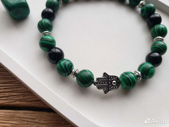 Комплект браслет и подвеска Малахит+Черный Агат