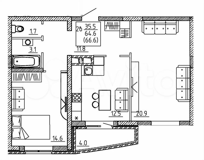 2-к. квартира, 66,7 м², 1/16 эт.