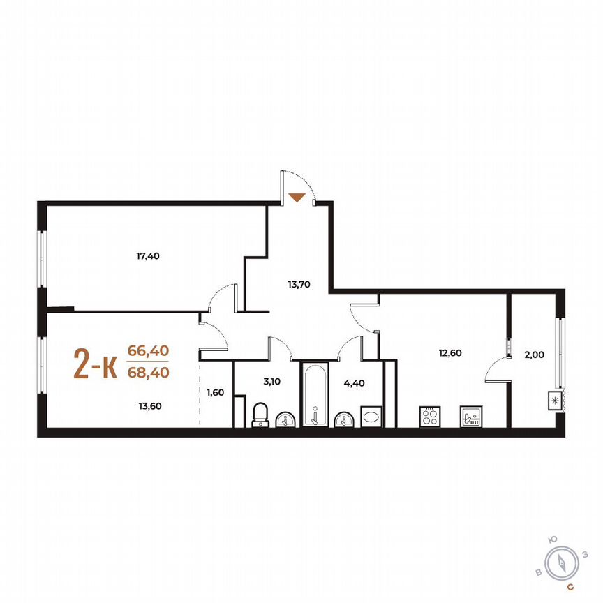 2-к. квартира, 68,4 м², 3/8 эт.