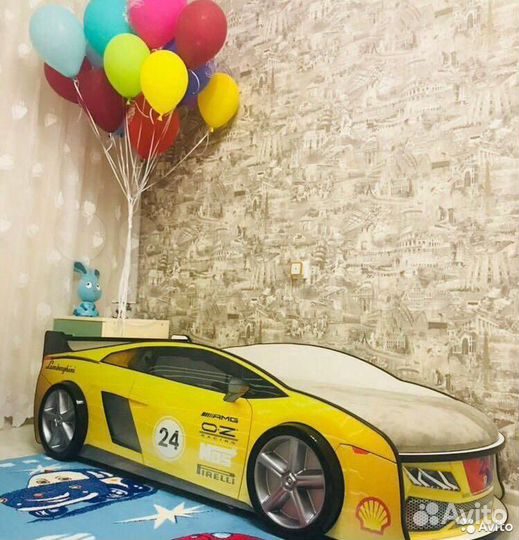 Кроватка-машинка Ламба с матрасом,желтая