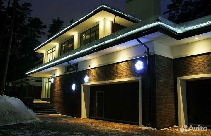 Украшение домов гирляндами, подсветка дома лентой