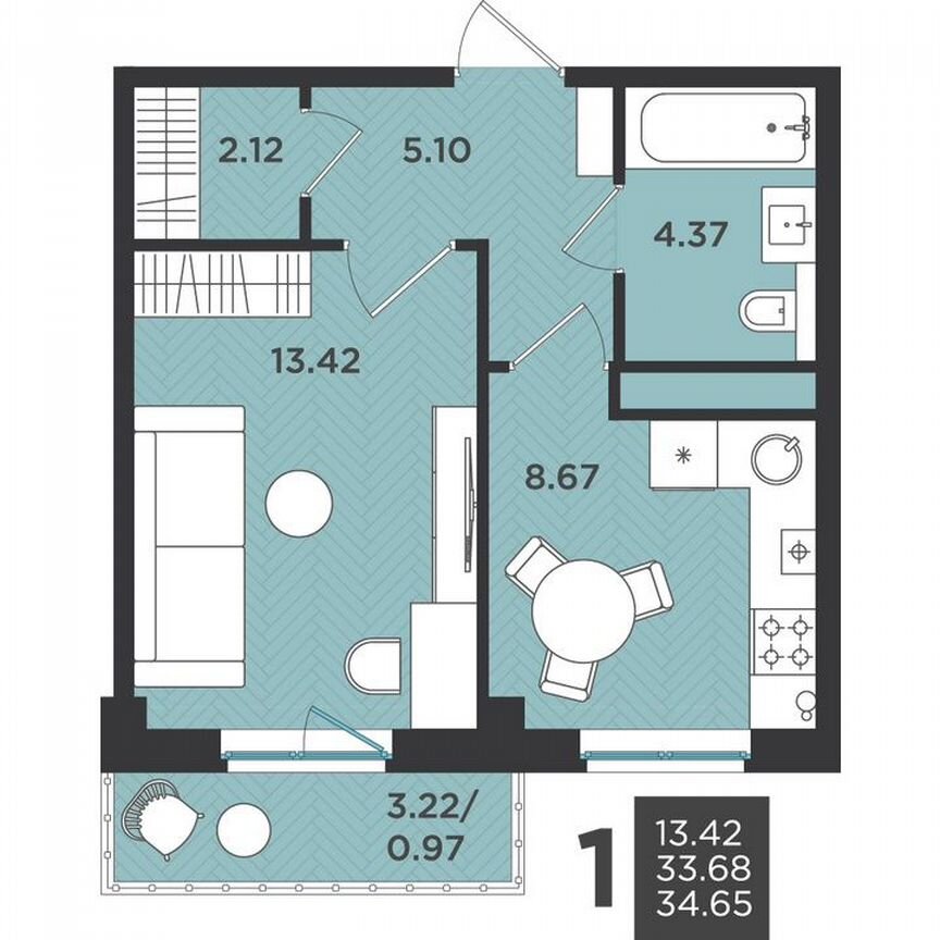 1-к. квартира, 34,7 м², 3/4 эт.