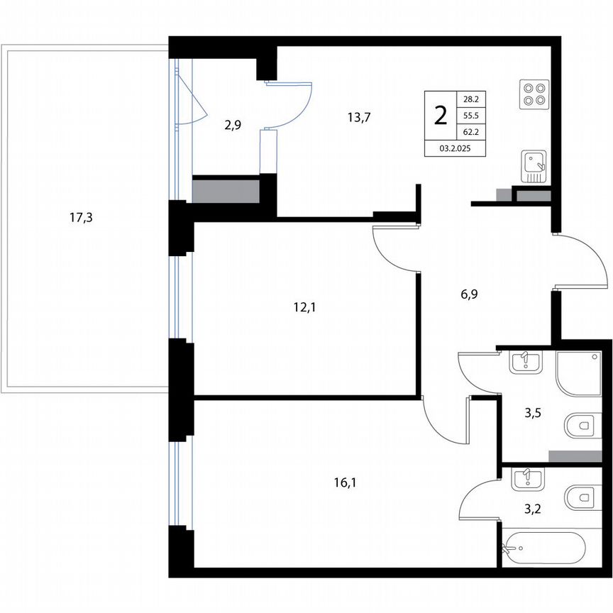 3-к. квартира, 62,2 м², 1/3 эт.