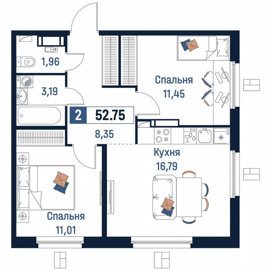 2-к. квартира, 52,8 м², 5/18 эт.