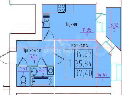 1-к. квартира, 37,4 м², 3/9 эт.