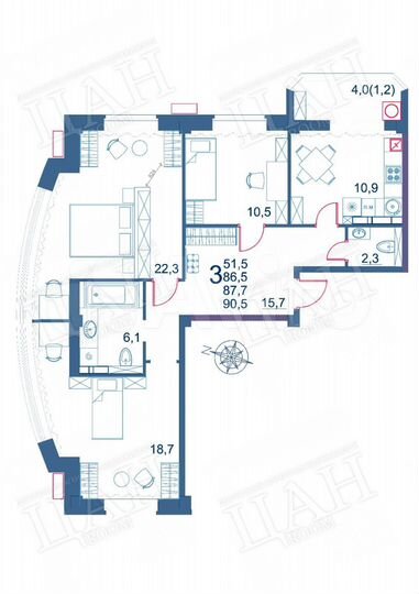 3-к. квартира, 90,5 м², 3/9 эт.