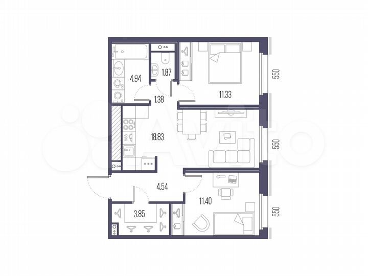 2-к. квартира, 58,1 м², 6/10 эт.