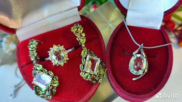 Серьги/кольцо/кулон с празиолитом и др серебро 925