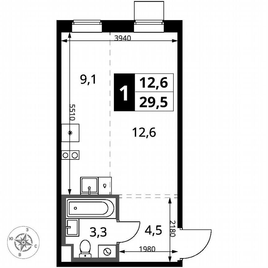 Квартира-студия, 29,5 м², 9/18 эт.