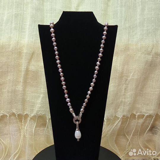 Комплект колье и серьги натур. сиреневый жемчуг