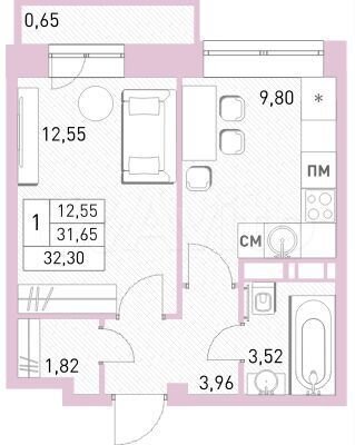 1-к. квартира, 32,3 м², 13/17 эт.
