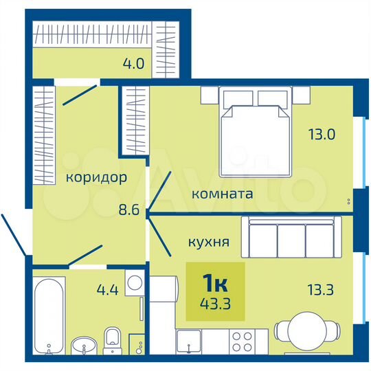 1-к. квартира, 43,3 м², 1/10 эт.