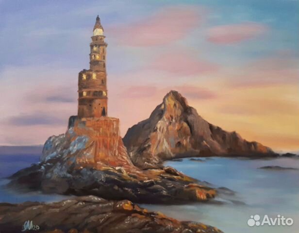 Картина маслом морской пейзаж с маяком Анива