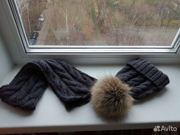 Вязаная шапка с помпоном, шарфик, снуд из мериноса