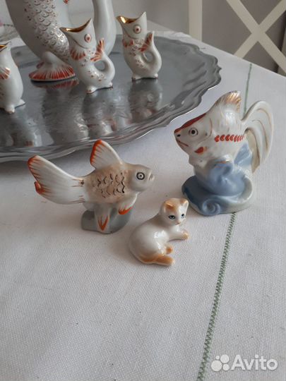 Винтажные статуэтки -рыбки,кошка