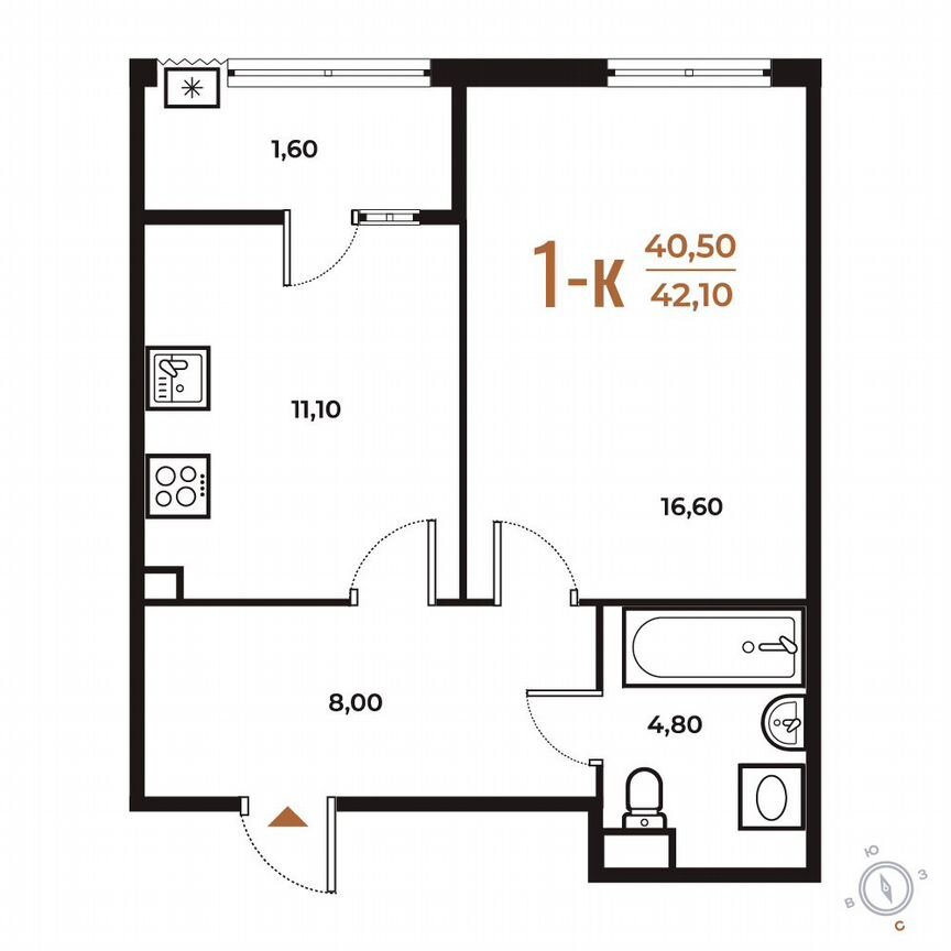 1-к. квартира, 42,1 м², 2/8 эт.