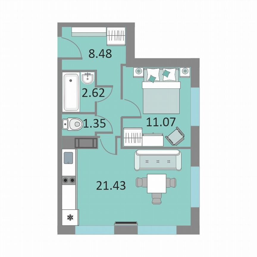 1-к. апартаменты, 44,5 м², 10/13 эт.