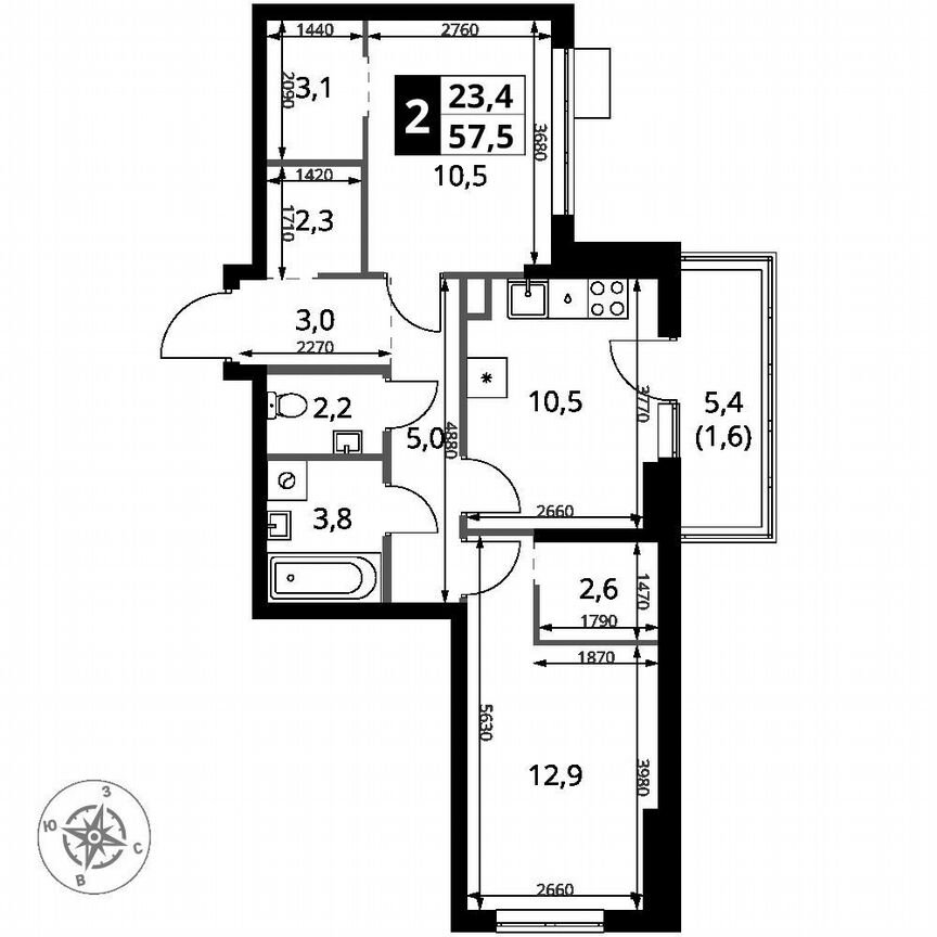 2-к. квартира, 57,5 м², 13/18 эт.