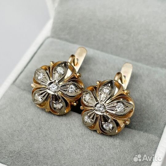 Золотые серьги малинки с бриллиантами 583 0,3 ct