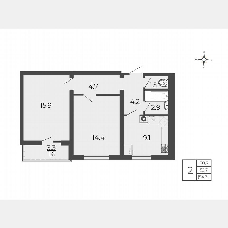 2-к. квартира, 54,3 м², 2/5 эт.