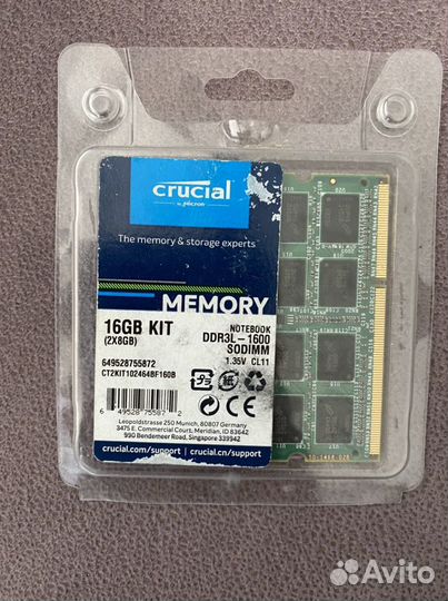 Оперативная память Crucial 8 GB ddr3L 1600