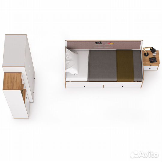 Вуди кровать, тумба, пенал и шкаф для одежды компоновка № 40, цвет белый премиум/дуб крафт золотой/с