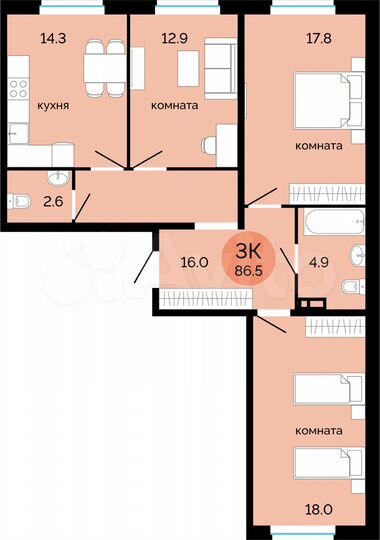 3-к. квартира, 86,5 м², 6/14 эт.
