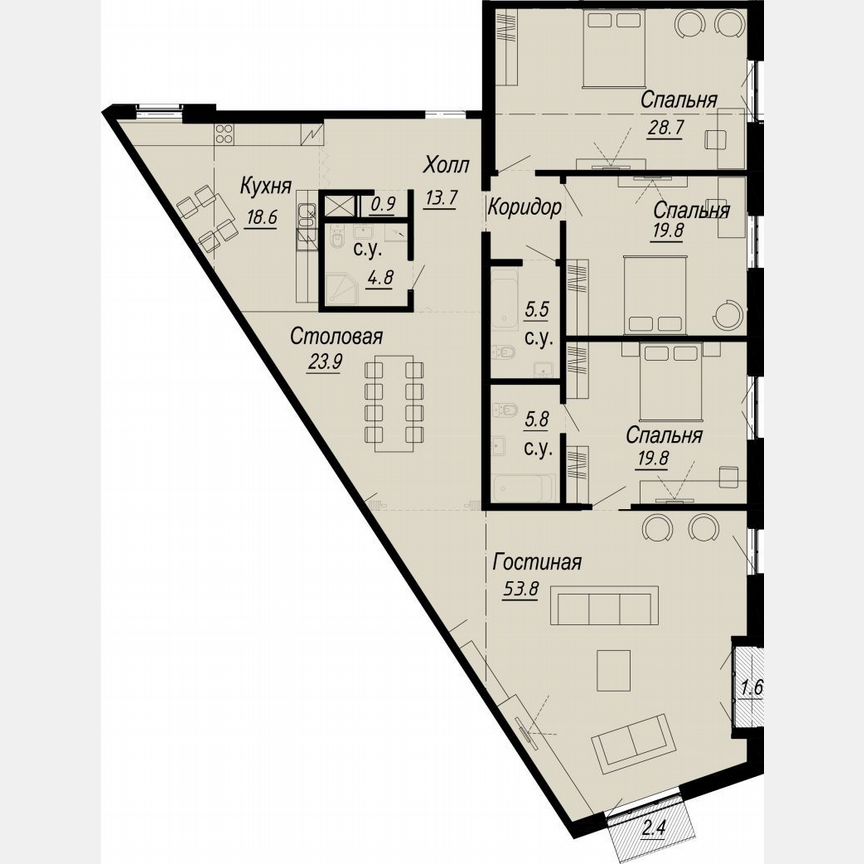 3-к. квартира, 205 м², 6/8 эт.