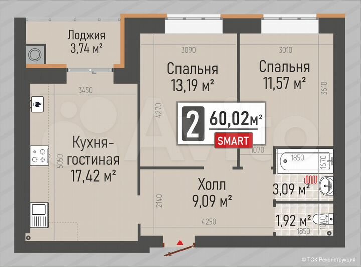 2-к. квартира, 60 м², 8/10 эт.