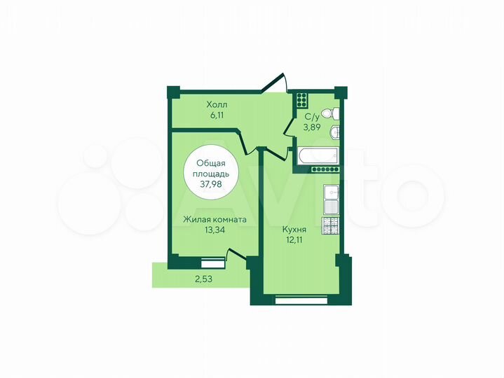 1-к. квартира, 38 м², 6/7 эт.