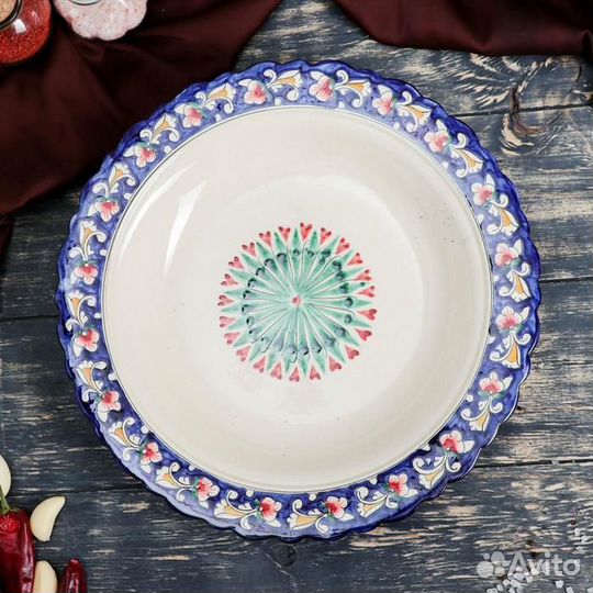 Блинница Риштанская Керамика 'Цветы', 32 см, синий