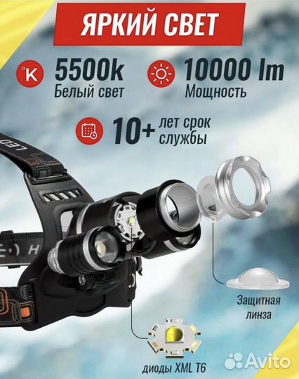 Фонарь налобный/Велосипедный/Налобный фонарик