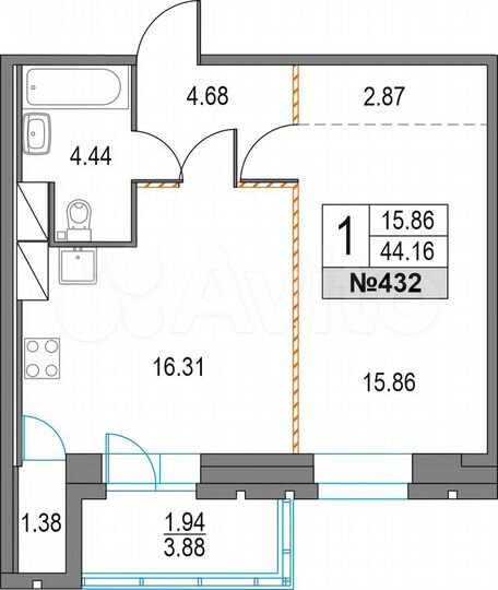 1-к. квартира, 44,2 м², 16/25 эт.