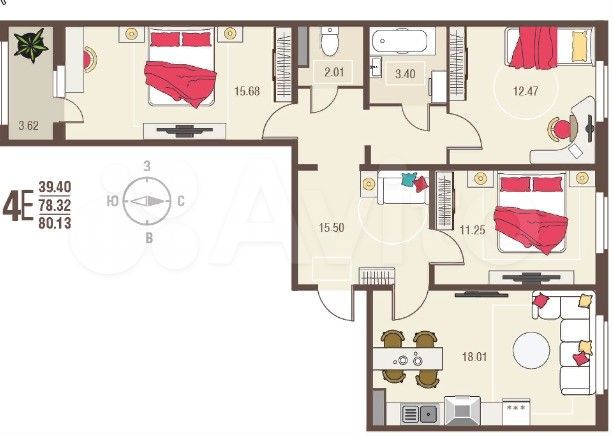 3-к. квартира, 80,1 м², 17/17 эт.