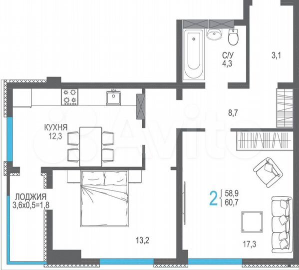 2-к. квартира, 60,7 м², 5/12 эт.