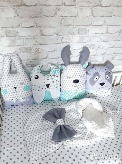 Бортики в кроватку, подушка зайка единорог облачко