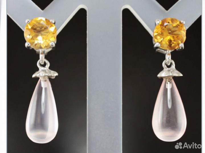 Серебряные серьги с цитринами и роз кварцем