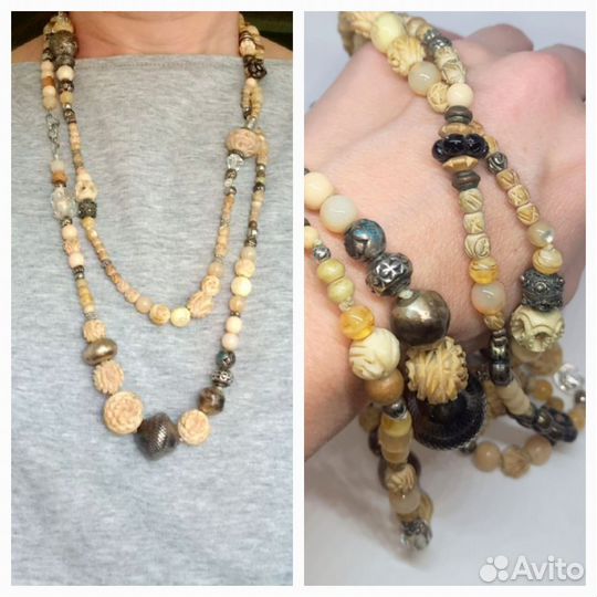 Колье - Кость Резьба - Опаловое Стекло - Винтаж