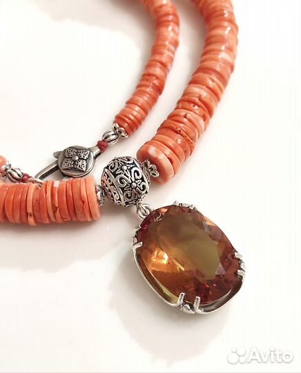 Винтажное колье коралл султанит серебро