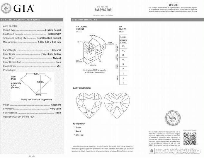 Подвеска DeRosa 1.01 ct Fancy Light Yellow/VS1 Diamond Heart N5421179