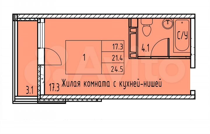 Квартира-студия, 22,9 м², 3/15 эт.