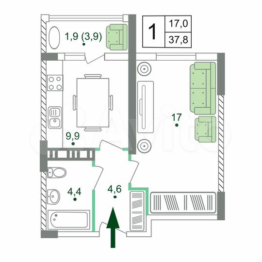 1-к. квартира, 37,8 м², 9/19 эт.