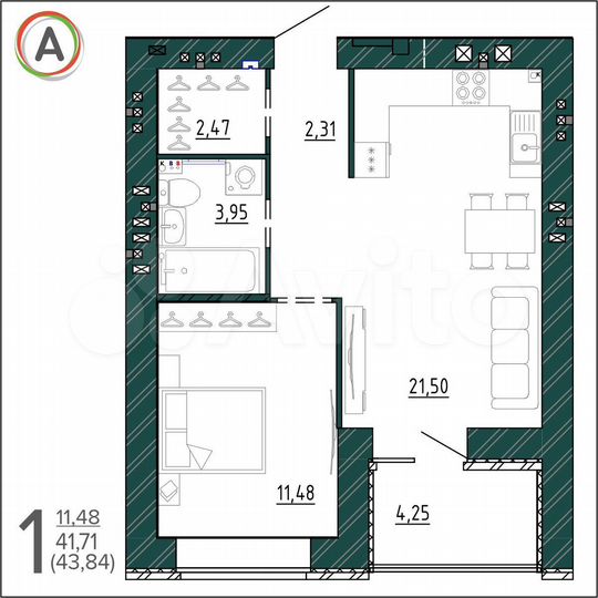 1-к. квартира, 43,8 м², 8/9 эт.