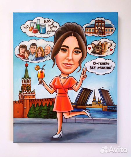 Шарж на холсте. Ручная работа